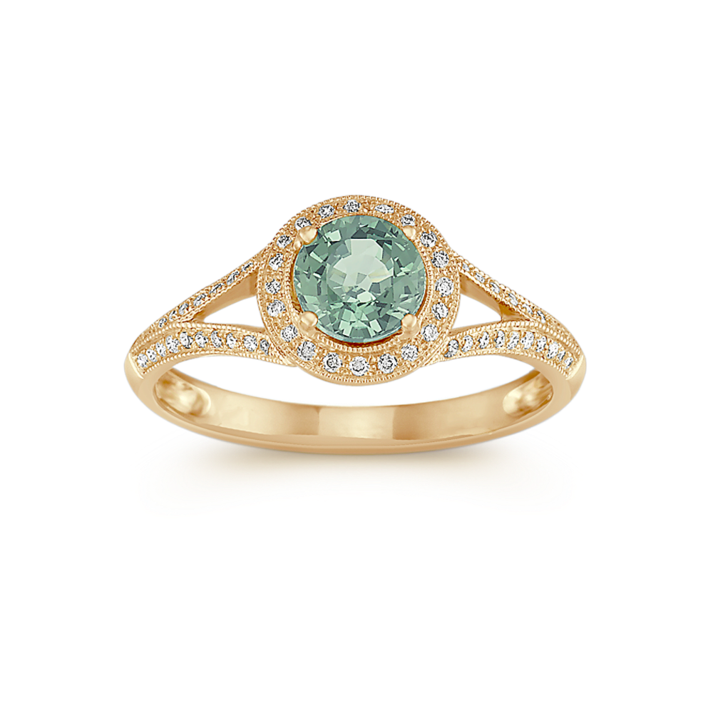 Round Green Natural Sapphire and Natural Diamond Ring in 14k Yellow Gold