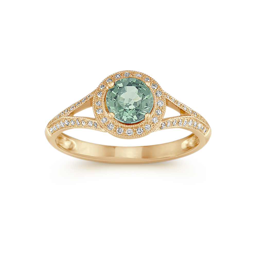 Round Green Sapphire and Diamond Ring in 14k Yellow Gold