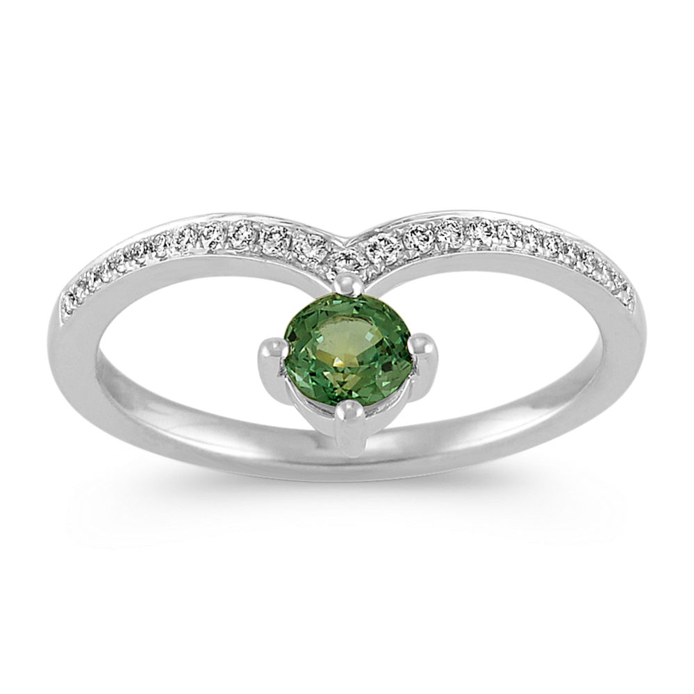 Round Green Sapphire and Diamond Sterling Silver Ring