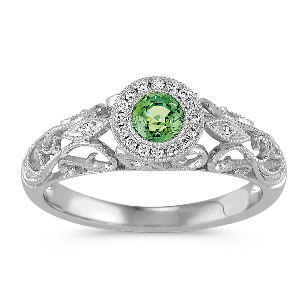 Round Green Sapphire and Diamond Vintage Ring in 14k White Gold