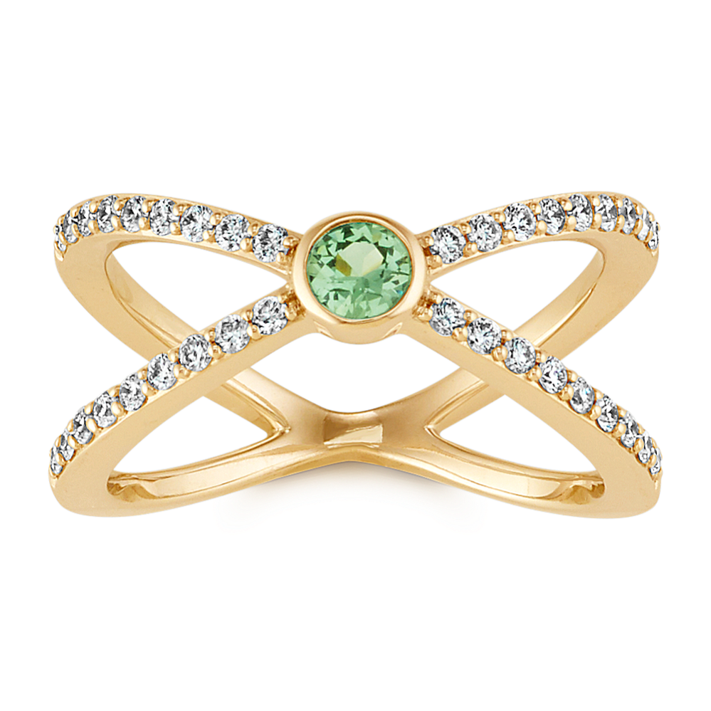 Round Green Sapphire and Round Diamond Crossover 14k Yellow Gold Ring