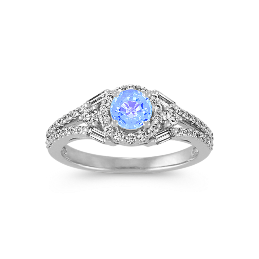 Round Ice Blue Sapphire, Baguette and Round Diamond Ring