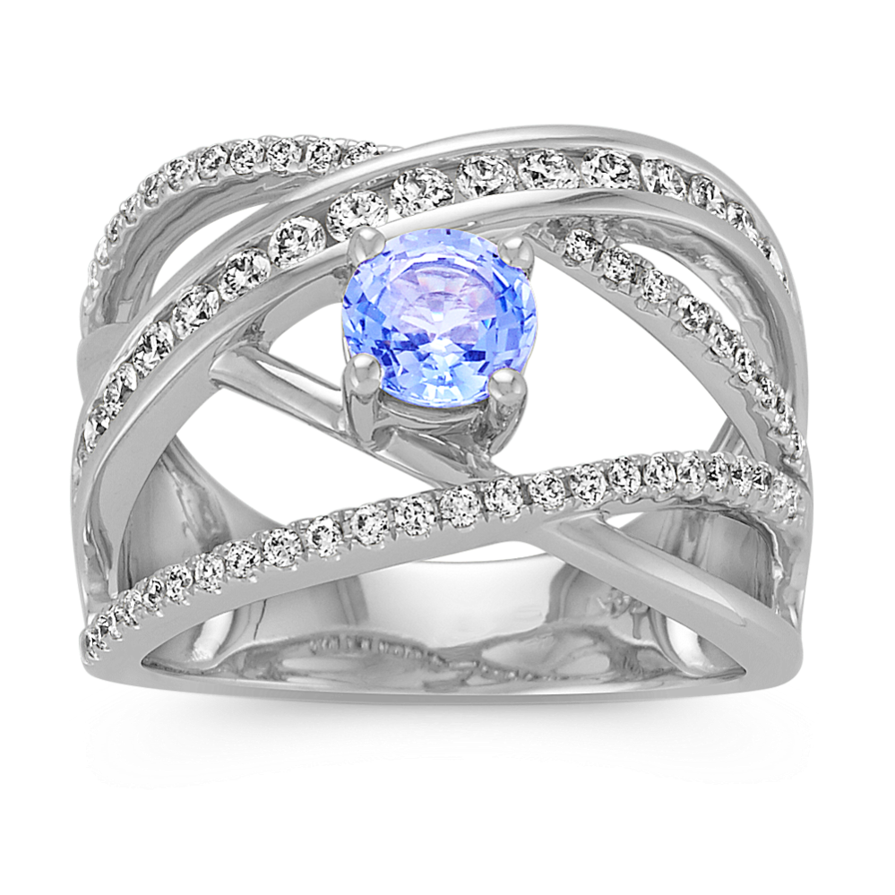 Round Ice Blue Sapphire and Round Diamond Crossover Ring