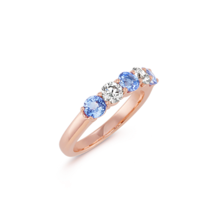 Round Ice Blue Natural Sapphire and Round Natural Diamond Ring in 14k Rose Gold