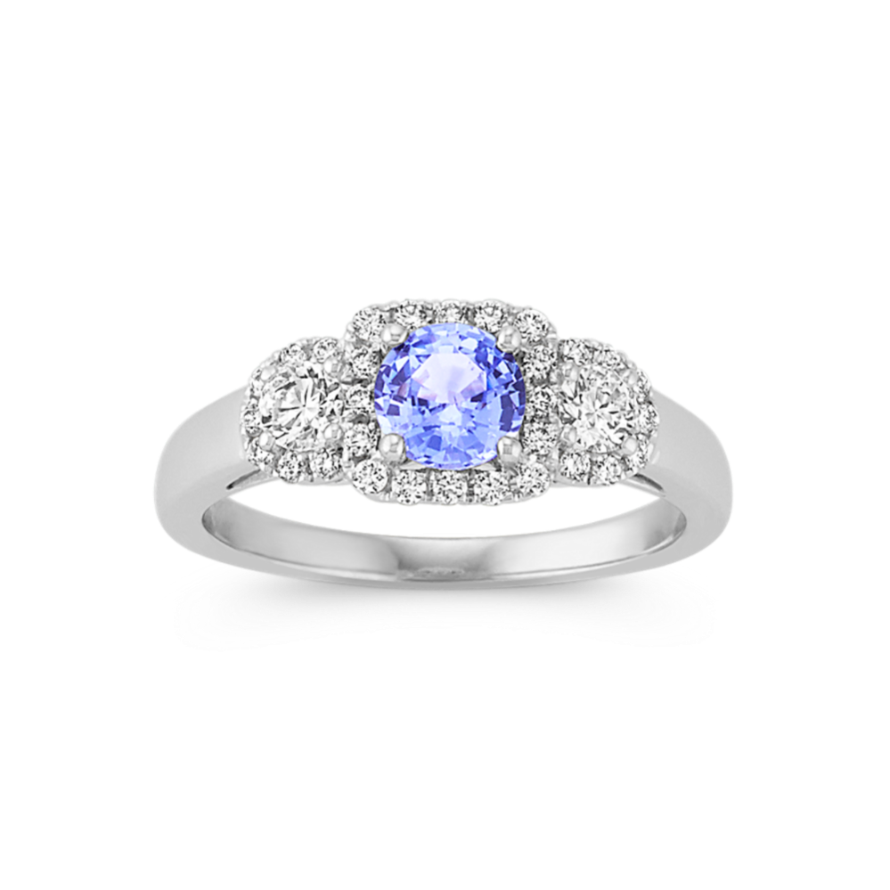 Round Ice Blue Sapphire and Round Diamond Three-Stone Ring