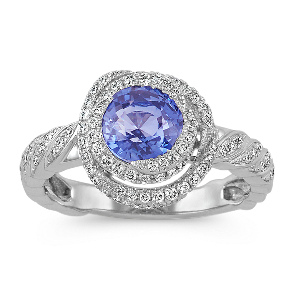 Round Kentucky Blue Sapphire and Diamond Swirl Ring