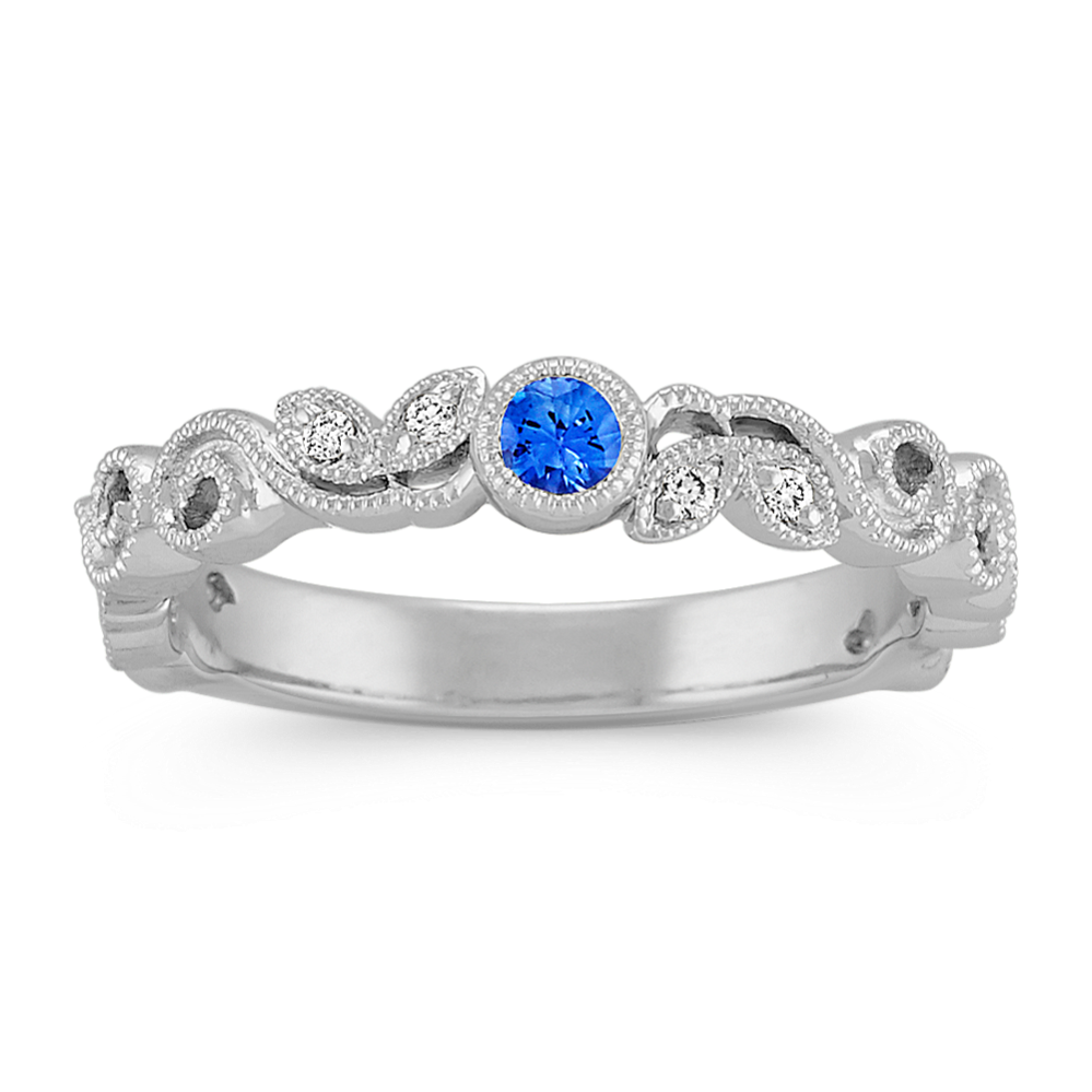 Round Kentucky Blue Sapphire and Round Diamond Vintage Stackable Ring