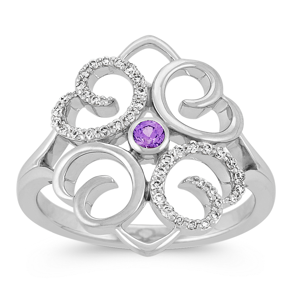 Round Lavender Sapphire and Diamond Sterling Silver Ring