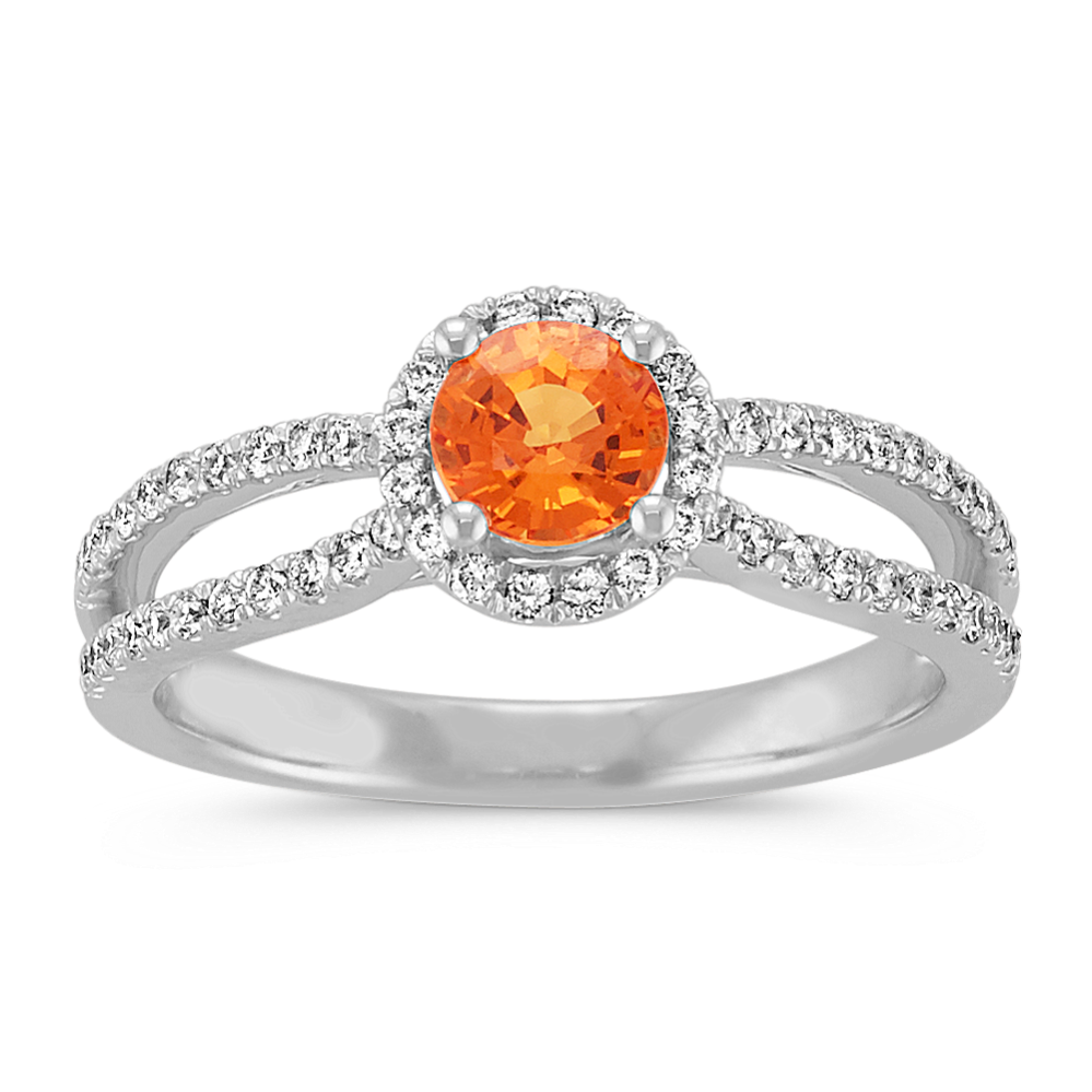 Round Orange Sapphire and Round Diamond Split Shank Ring