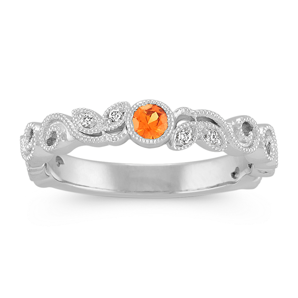 Round Orange Sapphire and Round Diamond Vintage Stackable Ring