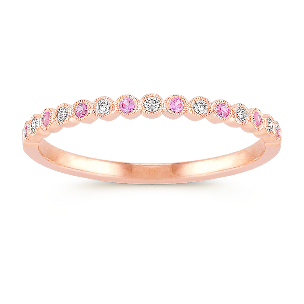 Round Pink Sapphire and Diamond Wedding Band in 14k Rose Gold