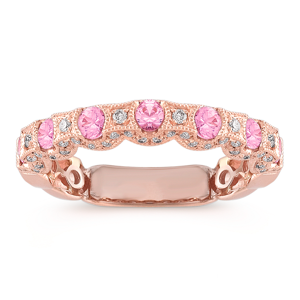 Round Pink Sapphire and Diamond Wedding Band in Rose Gold