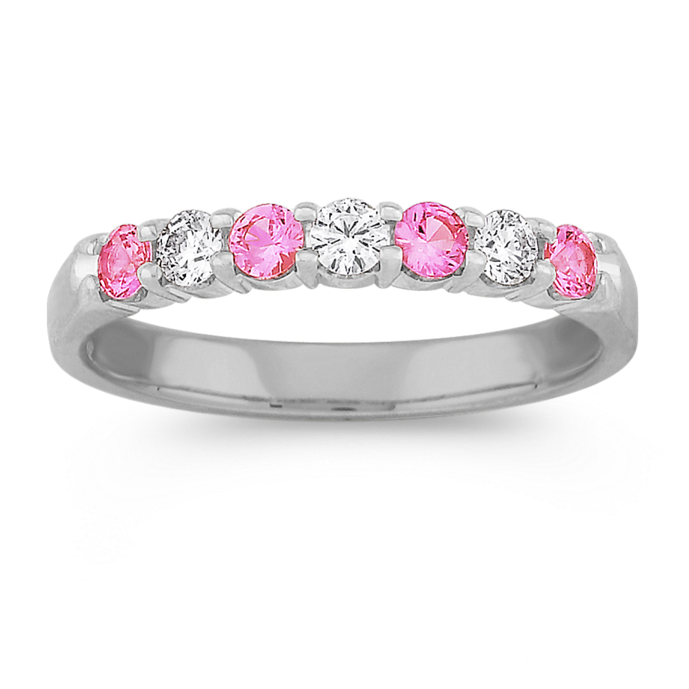 Round Pink Sapphire and Diamond Wedding Band