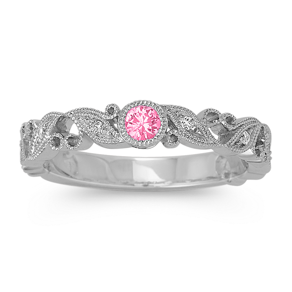 Round Pink Sapphire and Round Diamond Vintage Stackable Ring