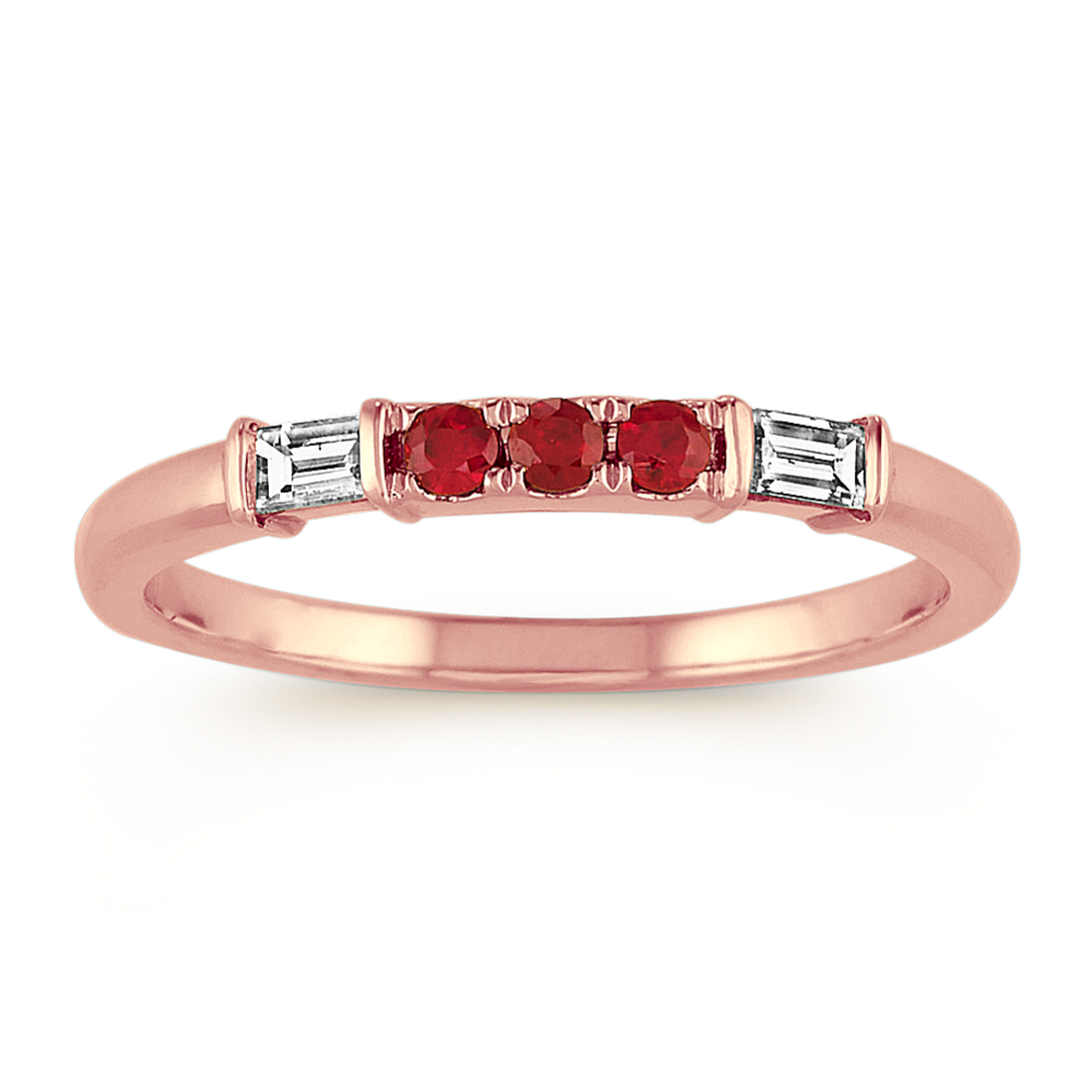 Round Ruby and Baguette Diamond Ring in 14k Rose Gold