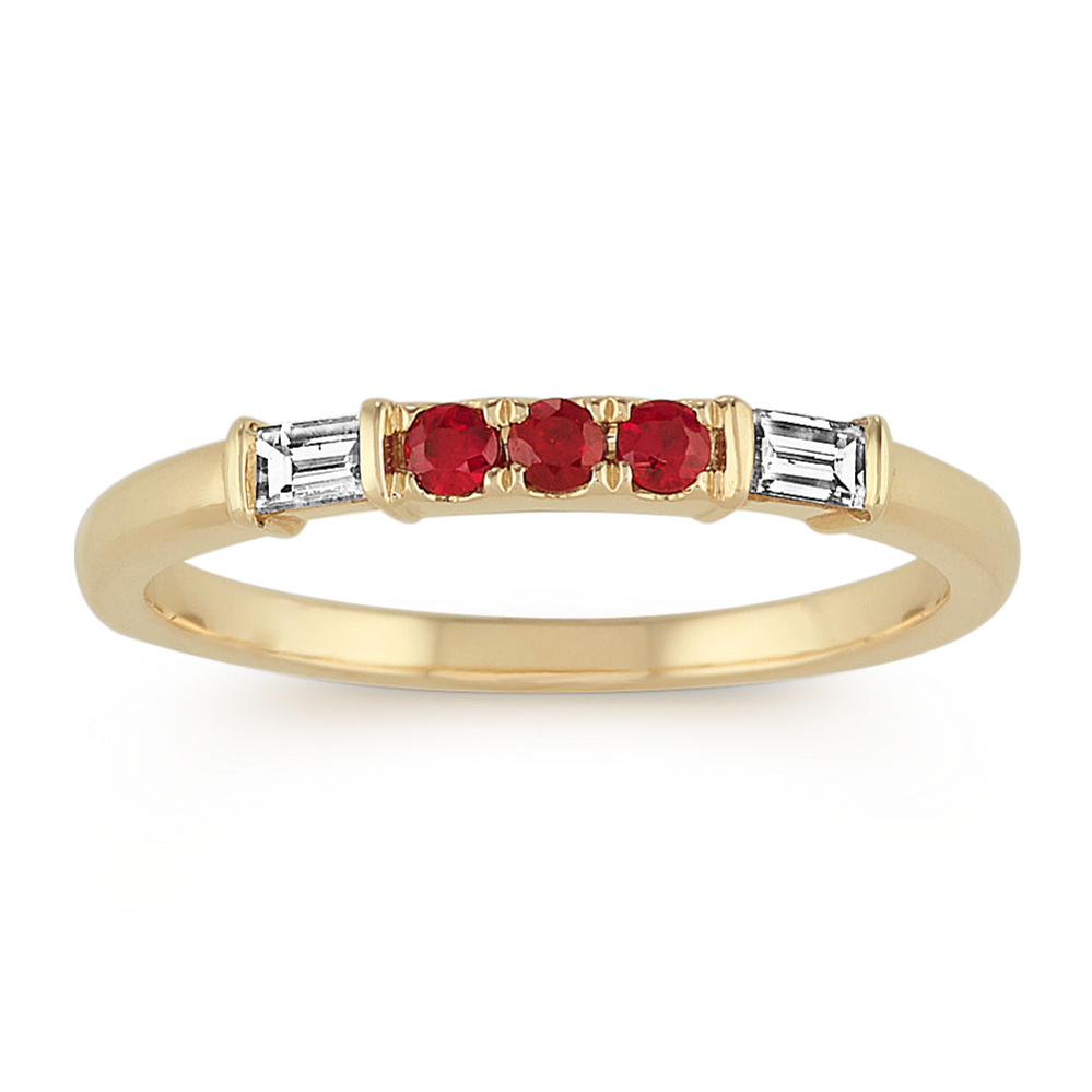 Round Ruby and Baguette Diamond Ring in 14k Yellow Gold
