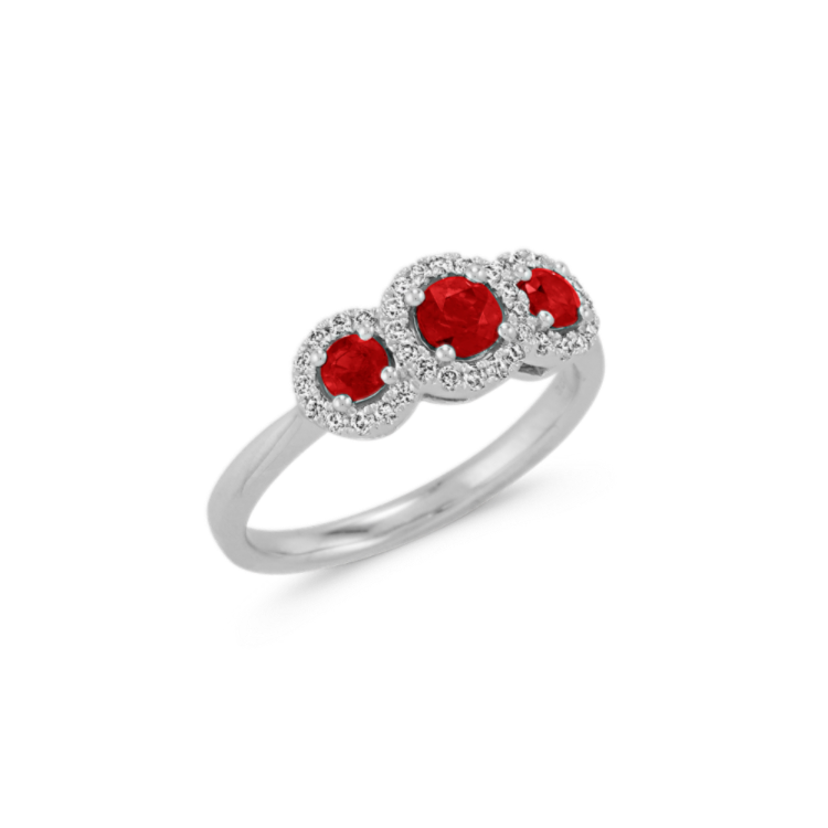Round Natural Ruby and Natural Diamond Halo Ring in 14k White Gold