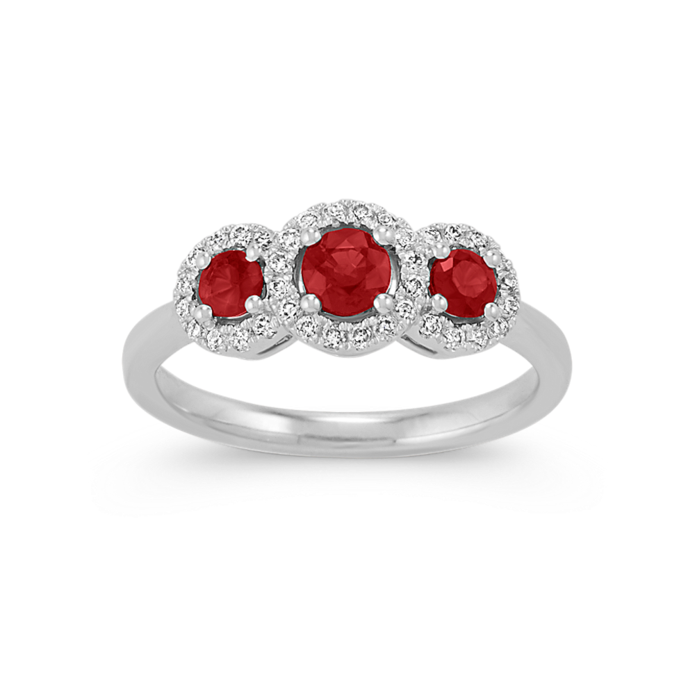 Round Natural Ruby and Natural Diamond Halo Ring in 14k White Gold