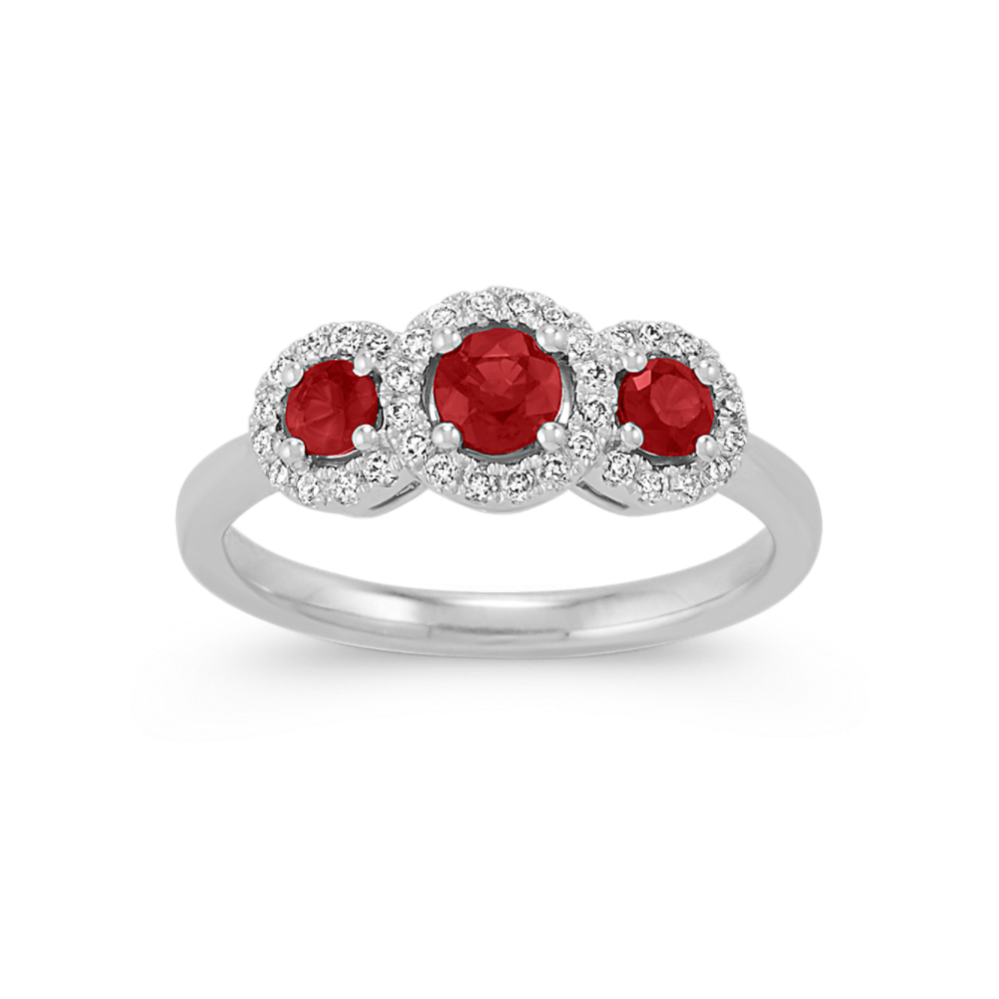 Round Ruby and Diamond Halo Ring in 14k White Gold
