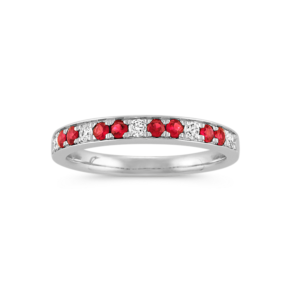 Round Natural Ruby and Natural Diamond Ring in 14k White Gold