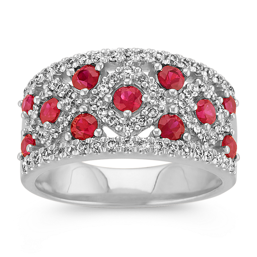 Round Ruby and Round Diamond Classic Ring in 14k White Gold