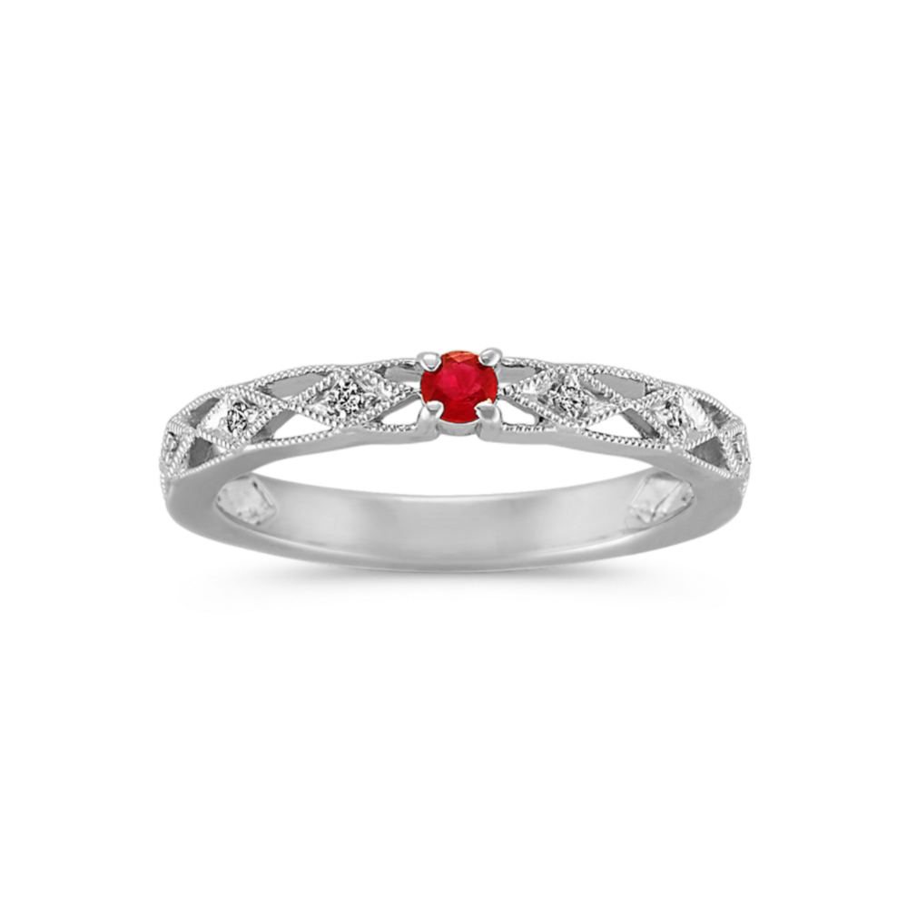 Round Ruby and Round Diamond Vintage Stackable Ring