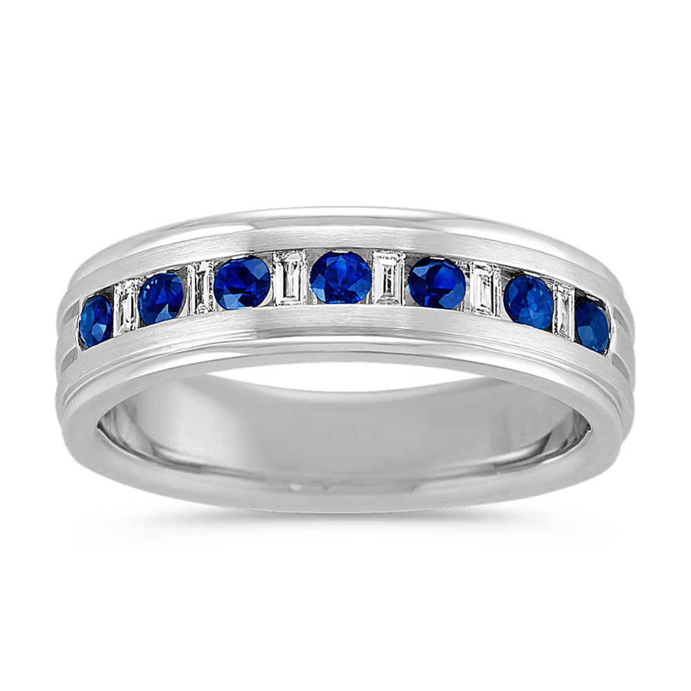 Round Sapphire and Baguette Diamond Mens Ring (6mm)