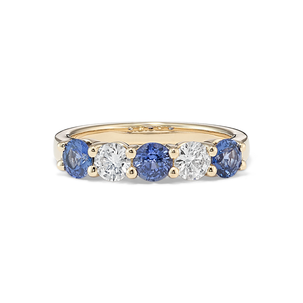 Round Natural Sapphire and Natural Diamond Anniversary Band in 14k Yellow Gold