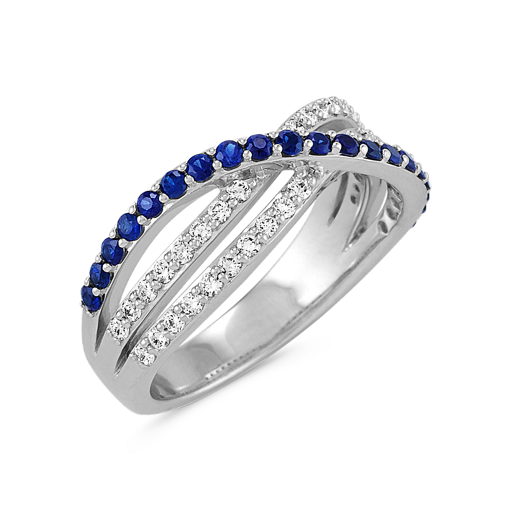 Round Sapphire and Diamond Crossover Ring in 14k White Gold | Shane Co.