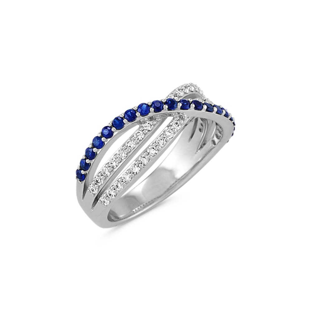 Round Sapphire and Diamond Crossover Ring in 14k White Gold | Shane Co.