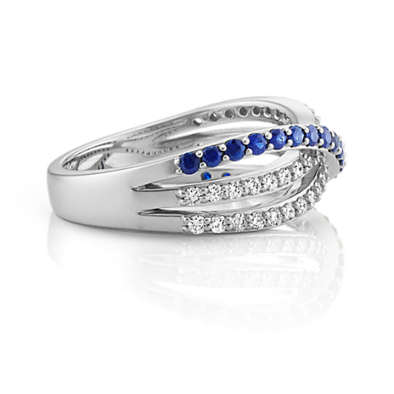 Round Sapphire and Diamond Crossover Ring in 14k White Gold | Shane Co.