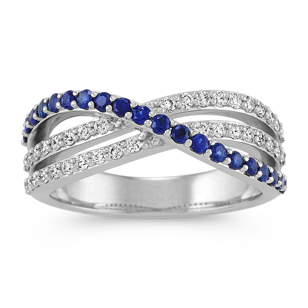 Round Sapphire and Diamond Crossover Ring in 14k White Gold