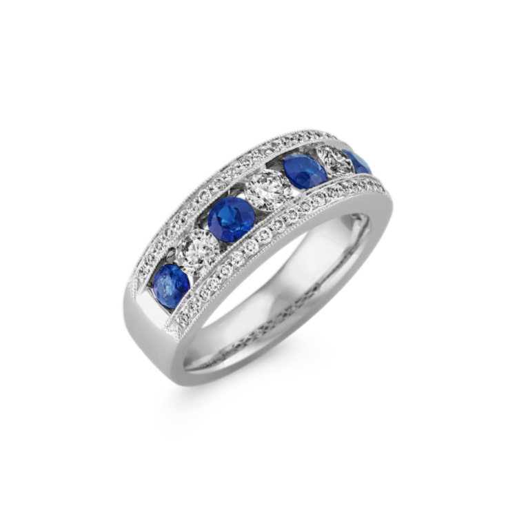 Round Natural Sapphire and Natural Diamond Fashion Ring with Milgrain Detailing
