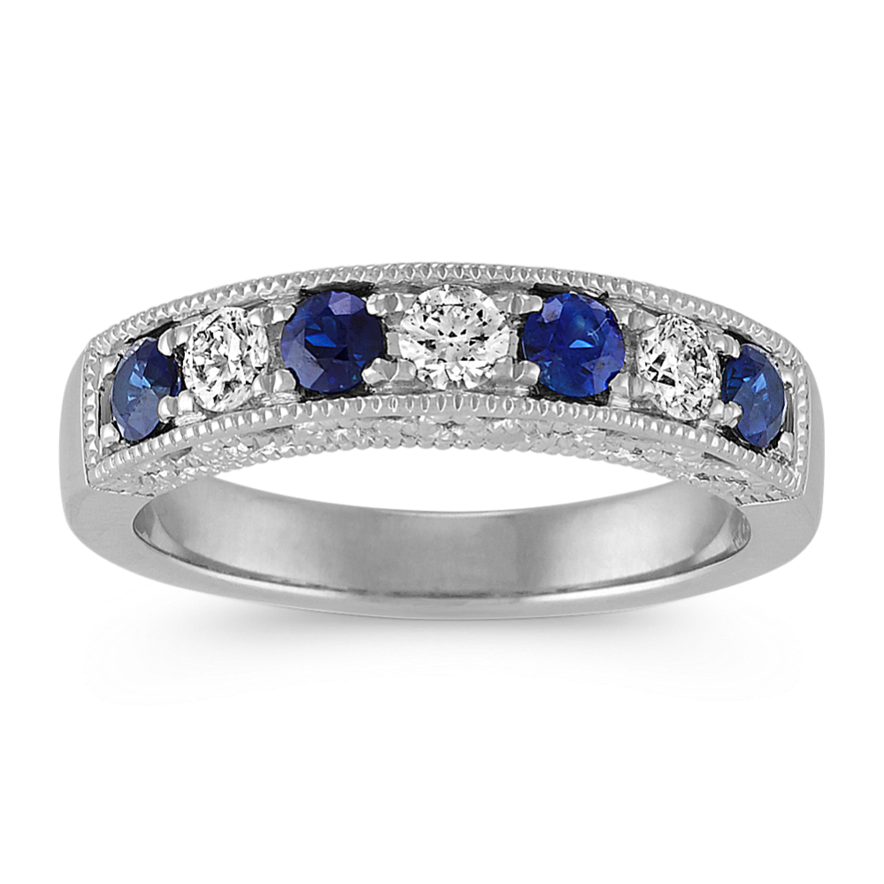 Round Sapphire and Diamond Ring in 14k White Gold