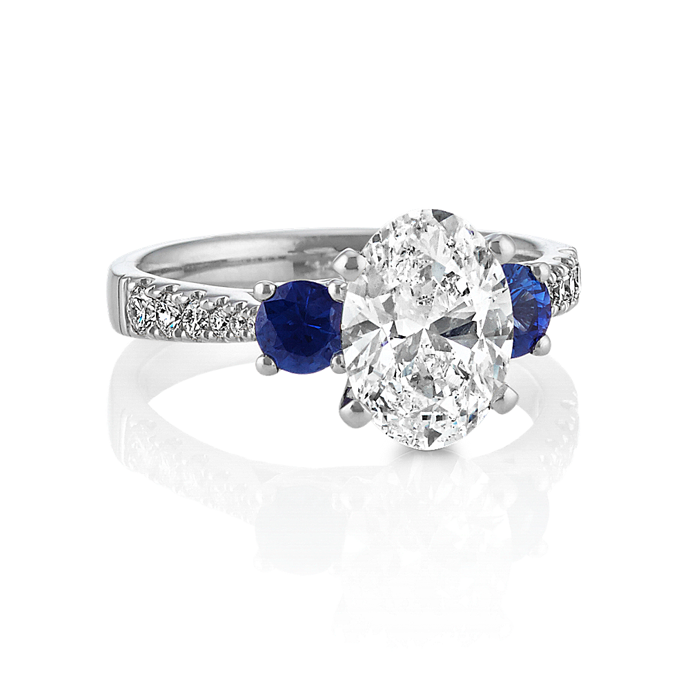 Round Sapphire and Diamond Three-Stone Engagement Ring in 14k White ...