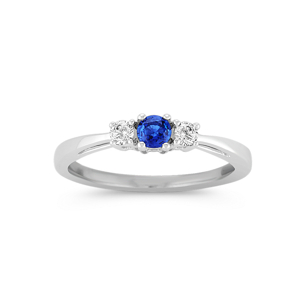 Round Natural Sapphire and Natural Diamond Three-Stone Ring