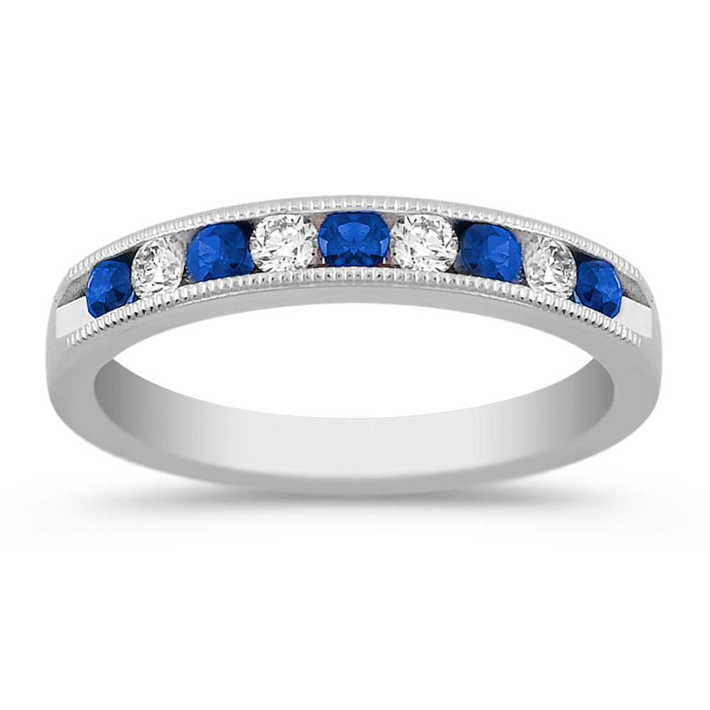 Round Sapphire and Diamond Wedding Band with Channel-Setting