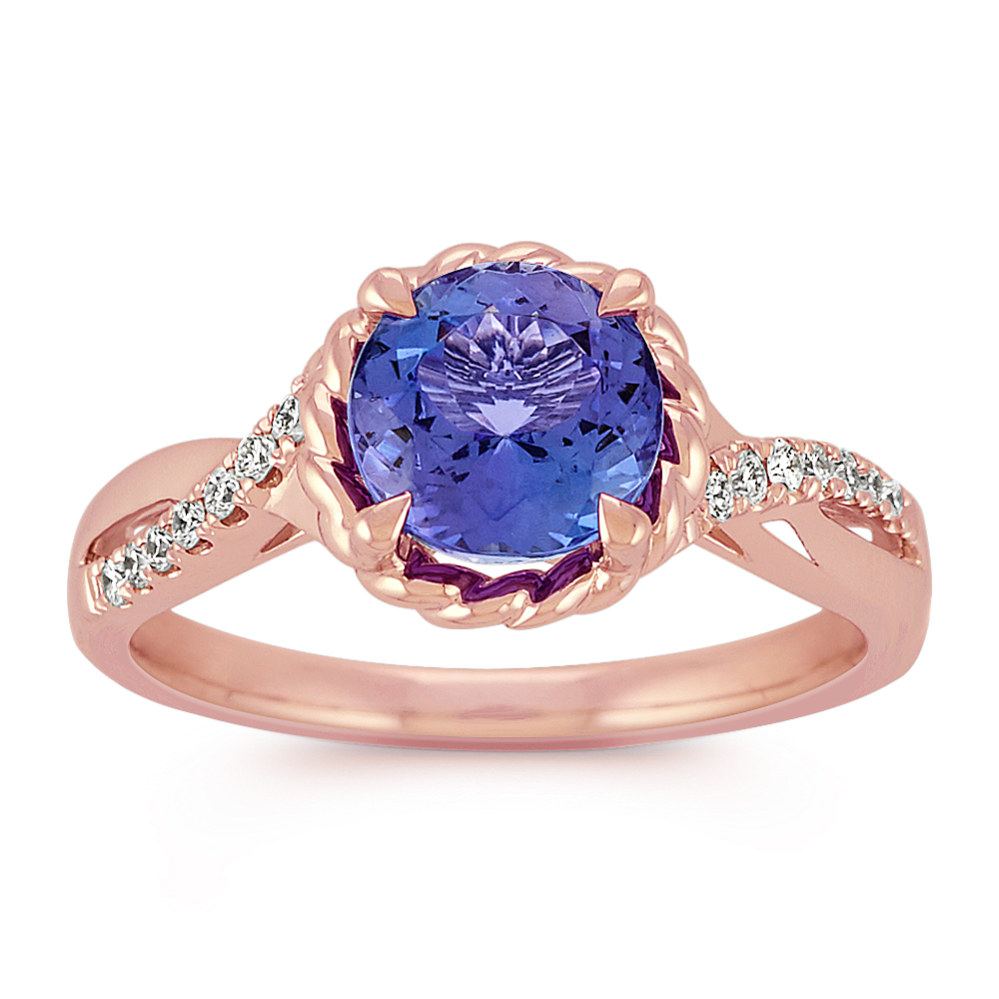 Round Tanzanite and Diamond Swirl Ring in Rose Gold