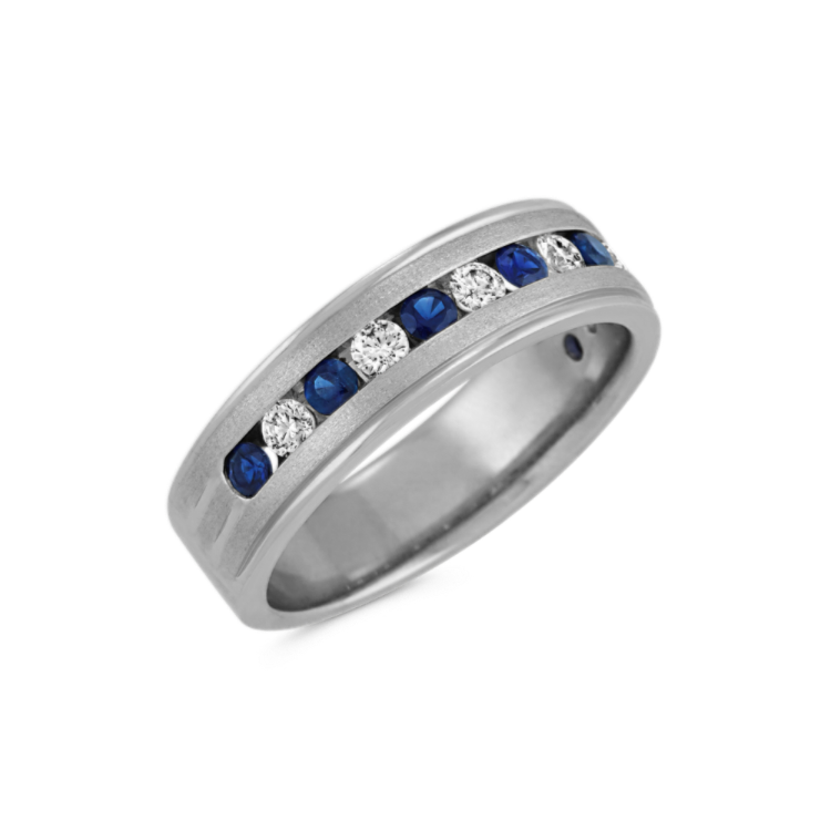 Alastair Traditional Blue Natural Sapphire and Diamong Ring in 14K White Gold (6.5mm)