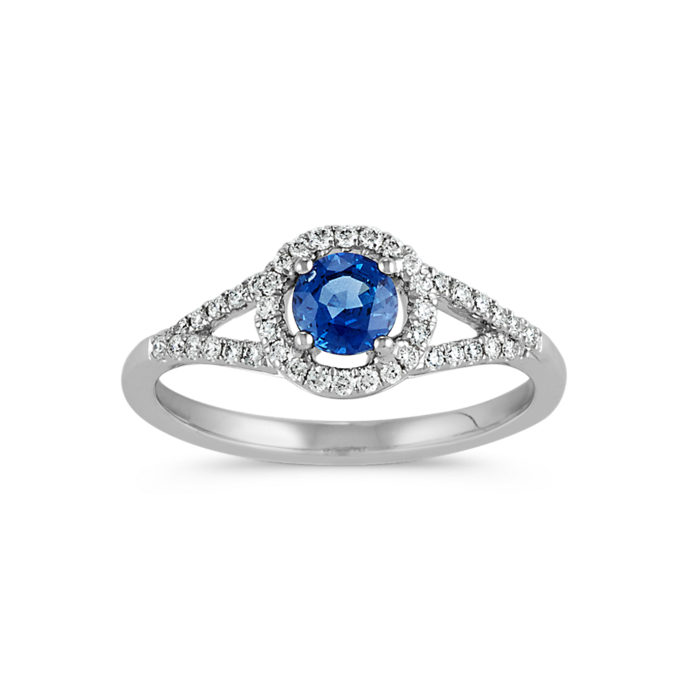 Round Traditional Natural Sapphire and Natural Diamond Split Shank Ring