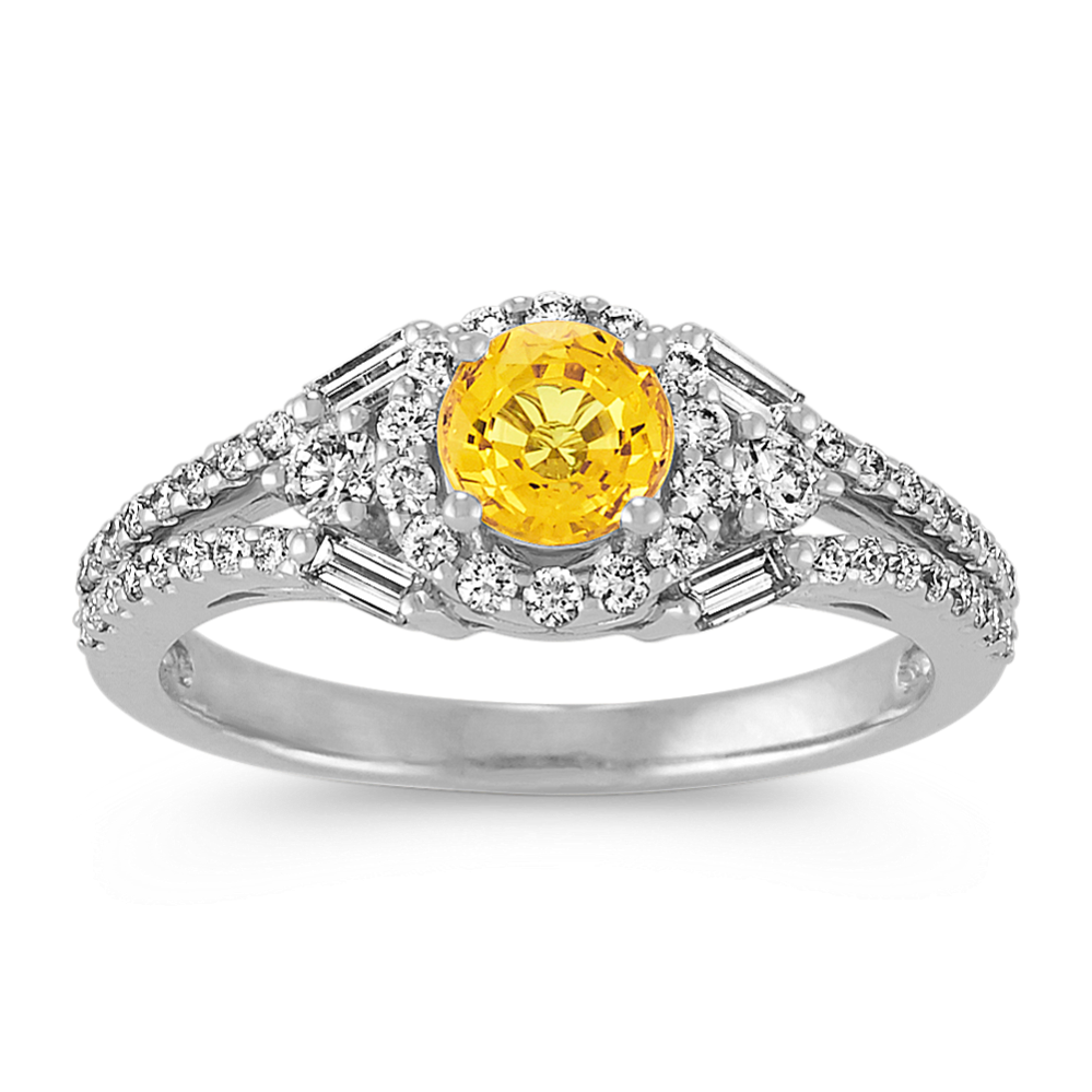 Round Yellow Sapphire, Baguette and Round Diamond Ring