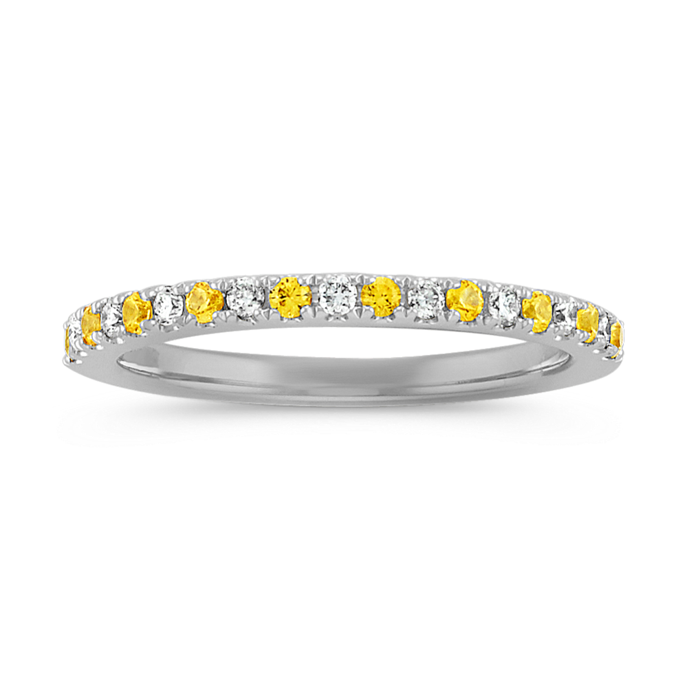 Round Yellow Sapphire and Diamond Wedding Band in 14k White Gold