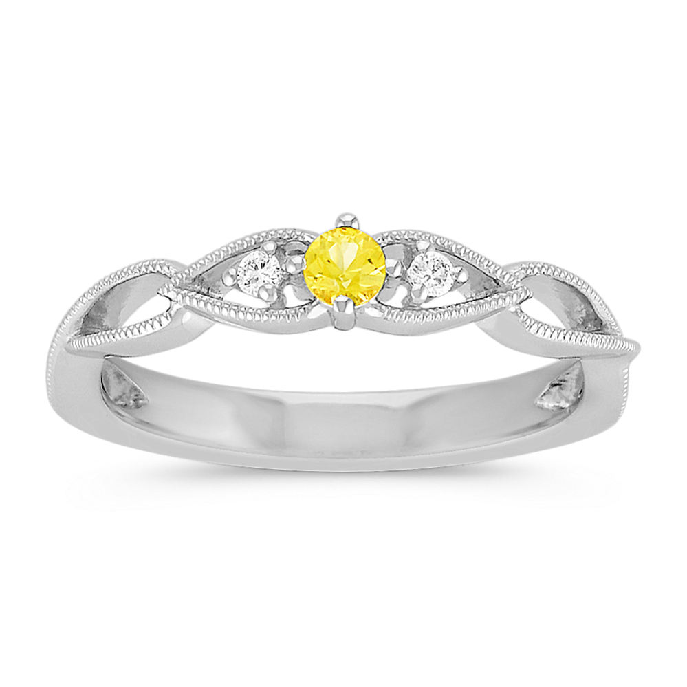 Round Yellow Sapphire and Round Diamond Stackable Sterling Silver Ring