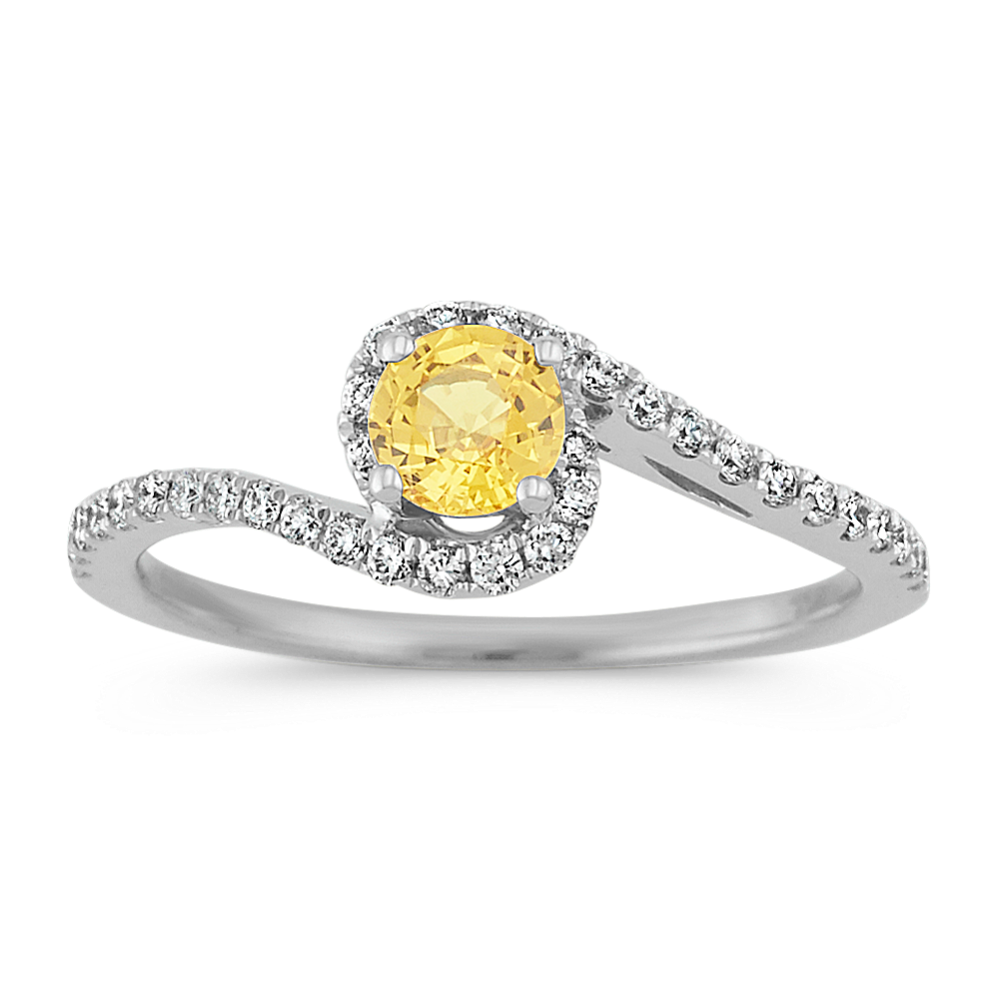 Round Yellow Sapphire and Round Diamond Swirl Ring in 14k White Gold