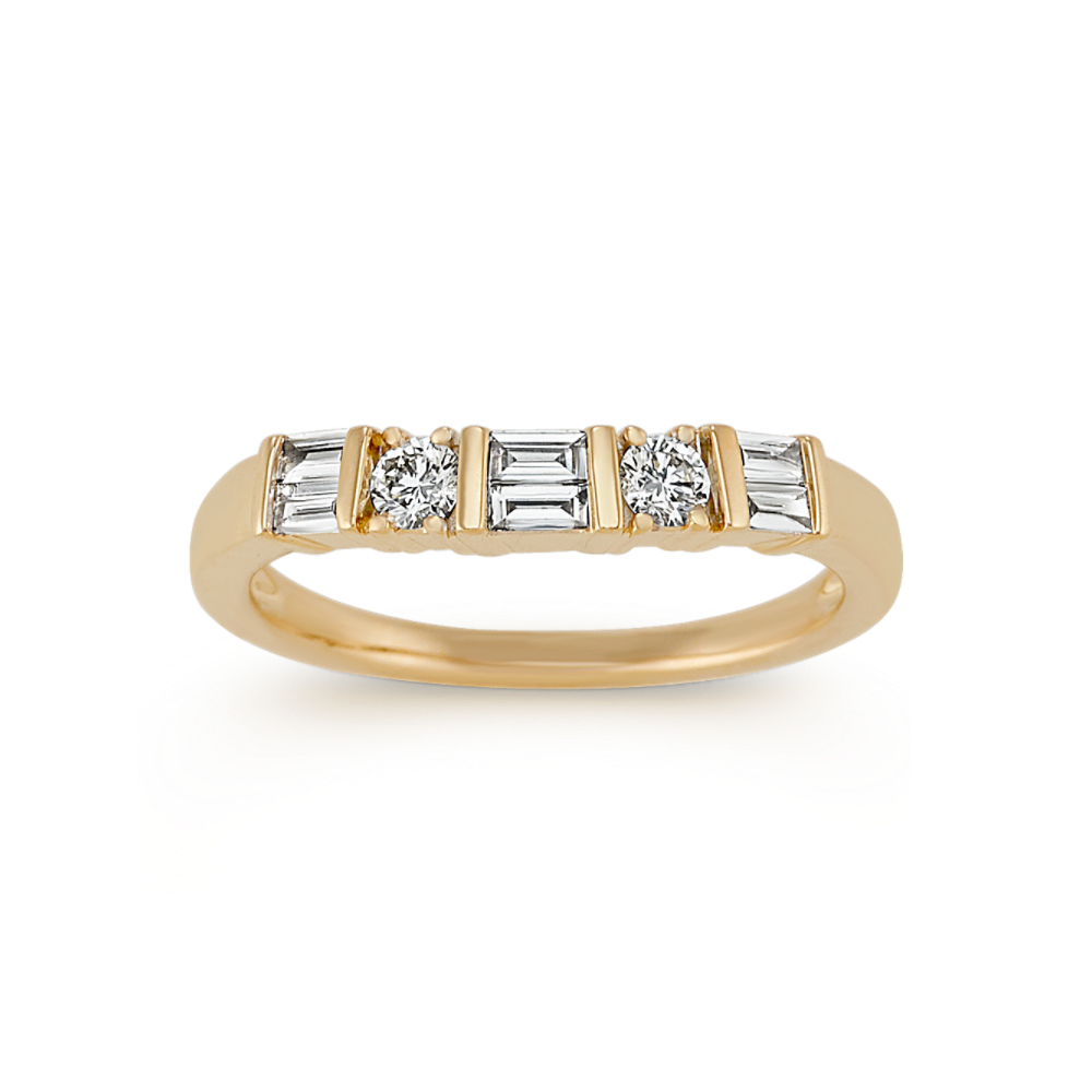 Round and Baguette Natural Diamond Wedding Band in 14k Yellow Gold