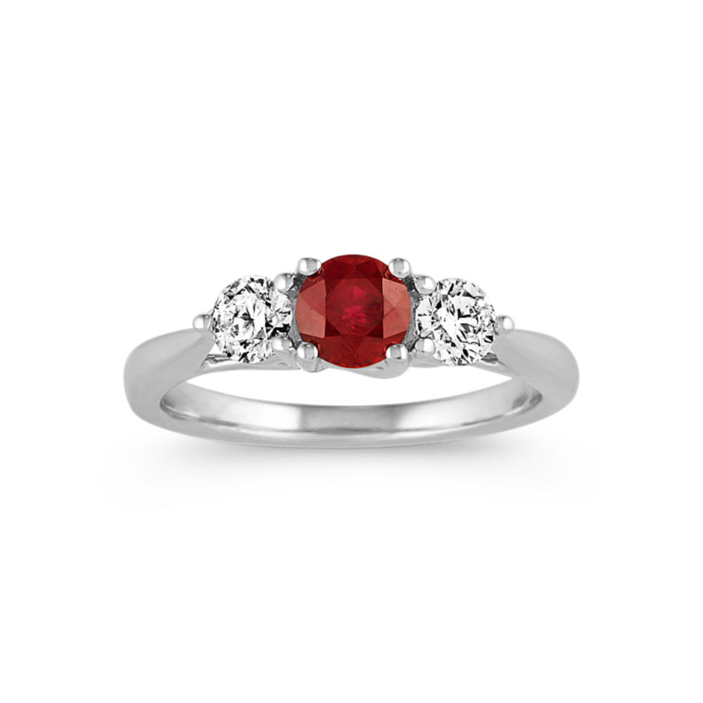 Maggie Ruby and Diamond Three-Stone Ring in 14K White Gold