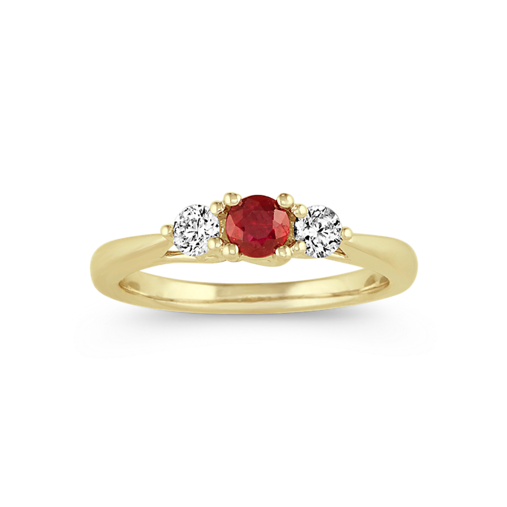 Natural Ruby and Natural Diamond Three-Stone Ring in 14k Yellow Gold
