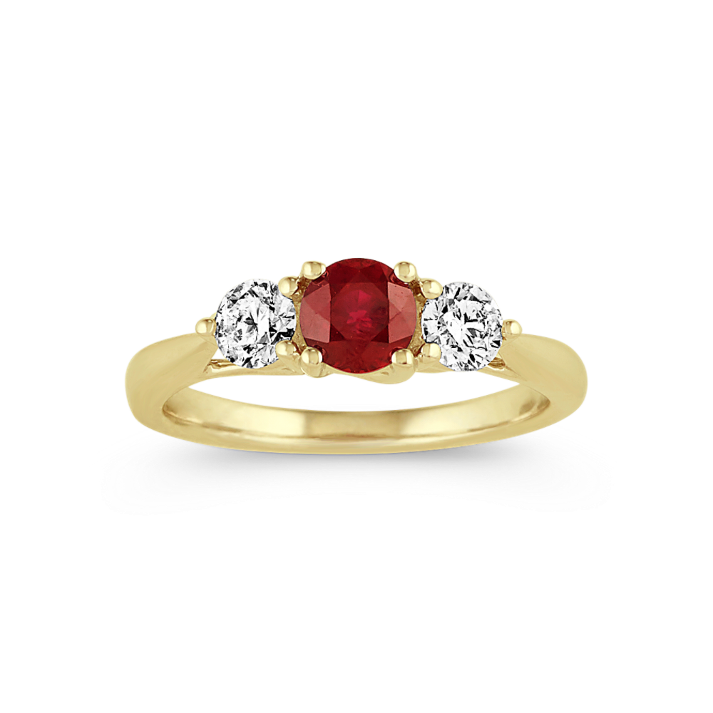 Maggie Natural Ruby and Natural Diamond Three-Stone Ring in 14K Yellow Gold