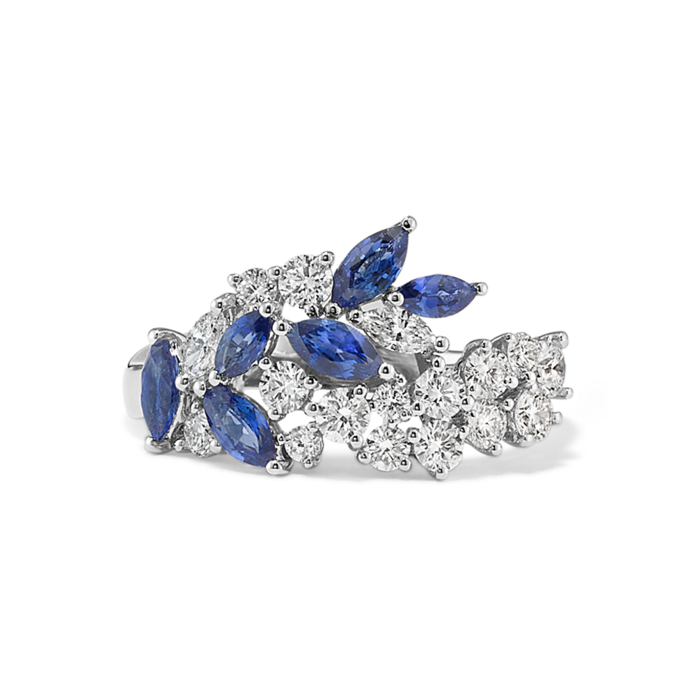 Monet Natural Sapphire & Natural Diamond Floral Cluster Ring in 18K White Gold