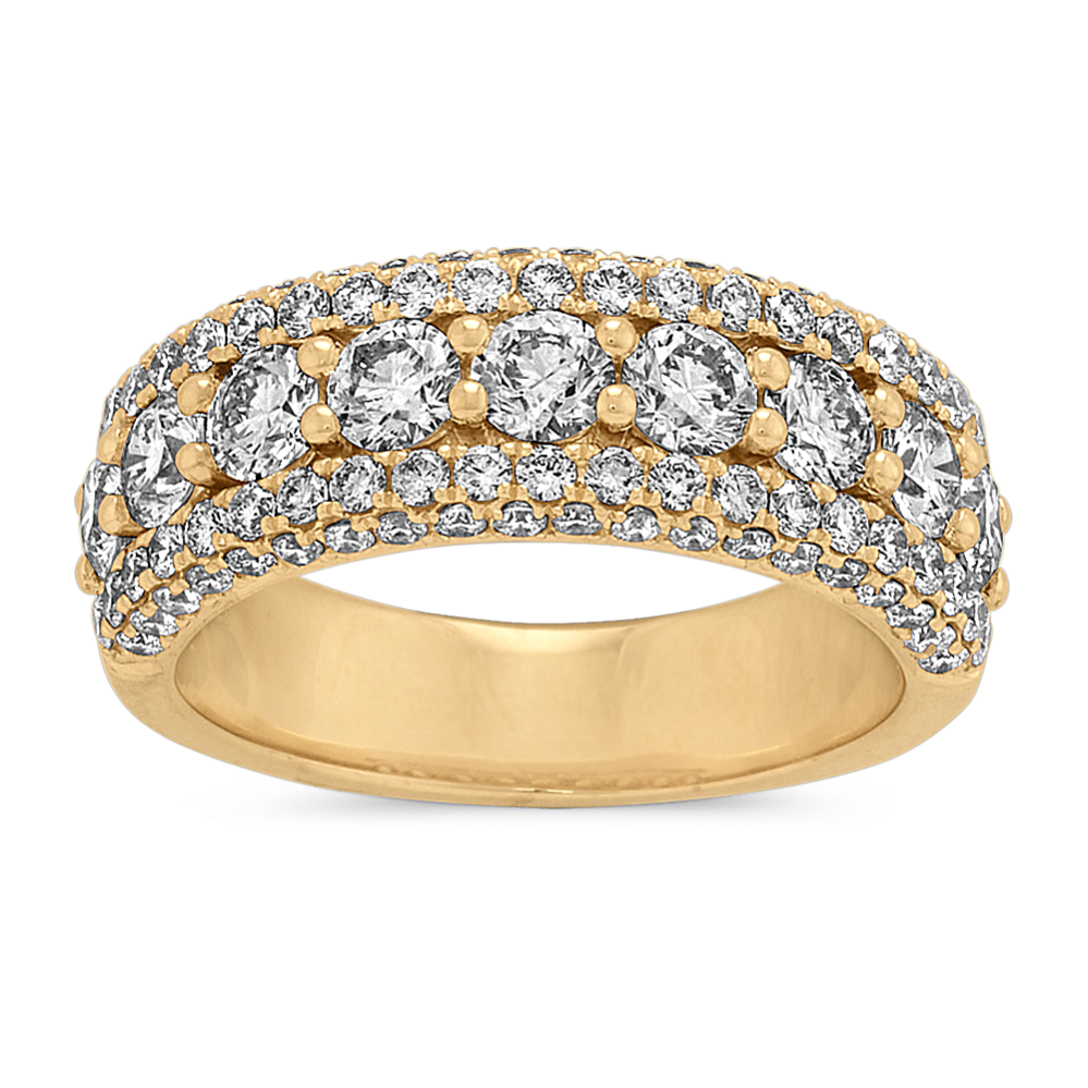 Cheapest Natural Diamond Classic Three Rows Yellow Gold Ring